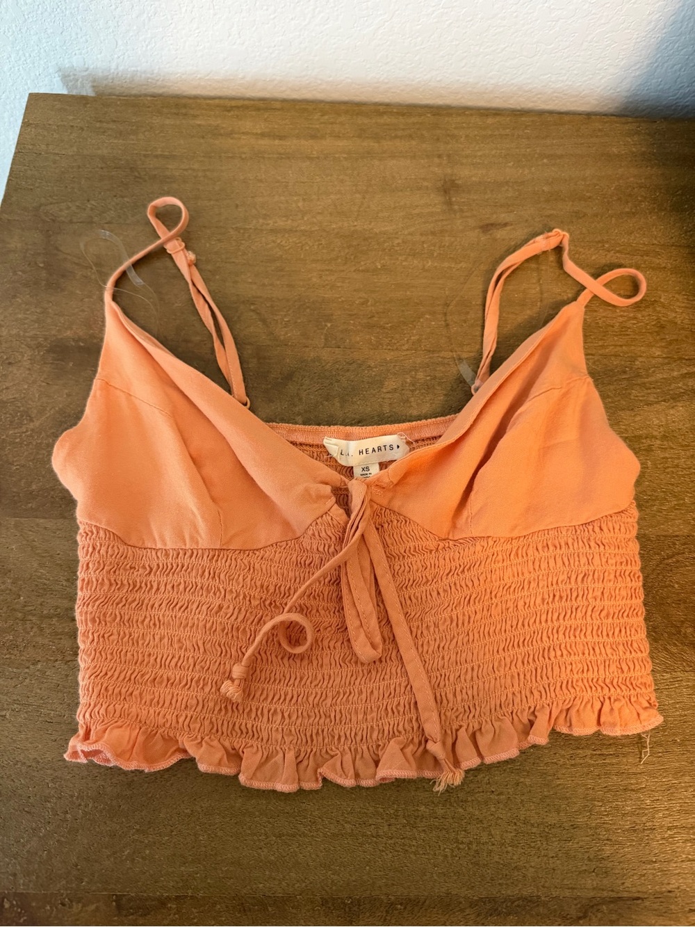 La Hearts Coral Tie-Front Smocked Crop Top